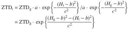 $$\begin{aligned} {\text{ZTD}}_{\text{t}} & = {\text{ZTD}}_{\text{g}} \cdot a \cdot \,\exp \left\{ { - \frac{{(H_{\text{t}} - b)^{2} }}{{c^{2} }}} \right\}/a \cdot \,\exp \left\{ { - \frac{{(H_{\text{g}} - b)^{2} }}{{c^{2} }}} \right\} \\ & = {\text{ZTD}}_{\text{g}} \cdot \,\exp \left\{ {\frac{{(H_{\text{g}} - b)^{2} - (H_{\text{t}} - b)^{2} }}{{c^{2} }}} \right\} \\ \end{aligned}$$