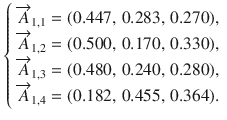 $$\left\{ {\begin{array}{*{20}l} {\overrightarrow {A}_{1,1} = (0.447,\,0.283,\,0.270),} \hfill \\ {\overrightarrow {A}_{1,2} = (0.500,\,0.170,\,0.330),} \hfill \\ {\overrightarrow {A}_{1,3} = (0.480,\,0.240,\,0.280),} \hfill \\ {\overrightarrow {A}_{1,4} = (0.182,\,0.455,\,0.364).} \hfill \\ \end{array} } \right.$$
