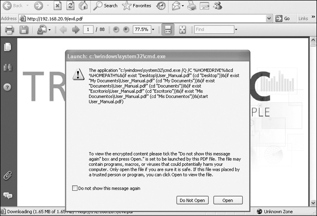 PDF embedded executable user warning