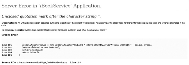 The application identifies a SQL error.