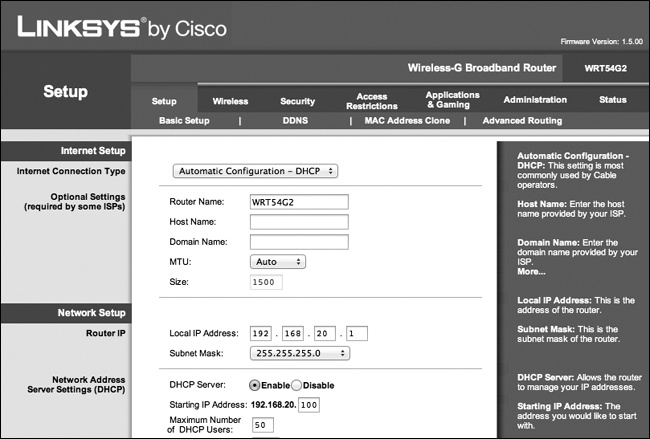 Linksys WRT54G2 web interface