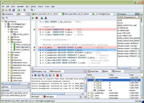 Az Oracle SQL Developer képernyője