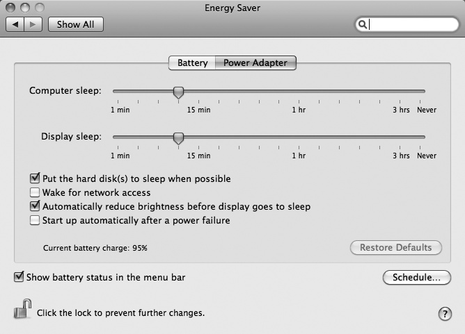 The Energy Saver window