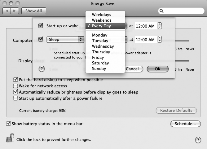 The Start up or wake pop-up menu gives you a choice of days to start up your machine automatically.