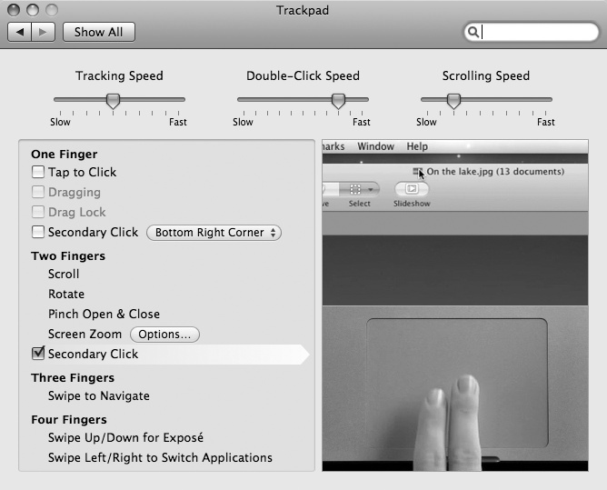 The Trackpad dialog lets you customize finger gestures.