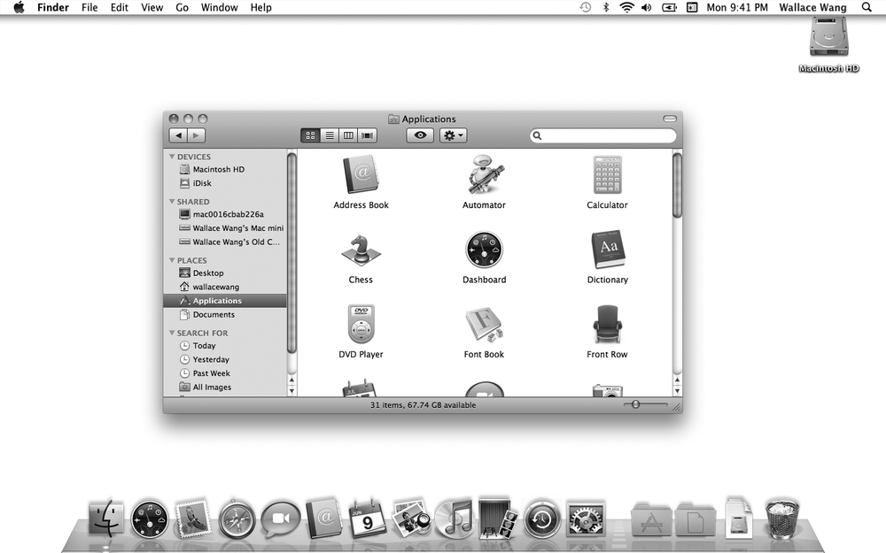 Clicking Applications in the left pane of the Finder window shows every program icon stored in the Applications folder.