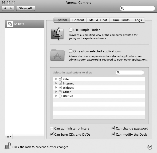 The Parental Controls window lists all Managed with Parental Controls accounts available on your Macintosh.