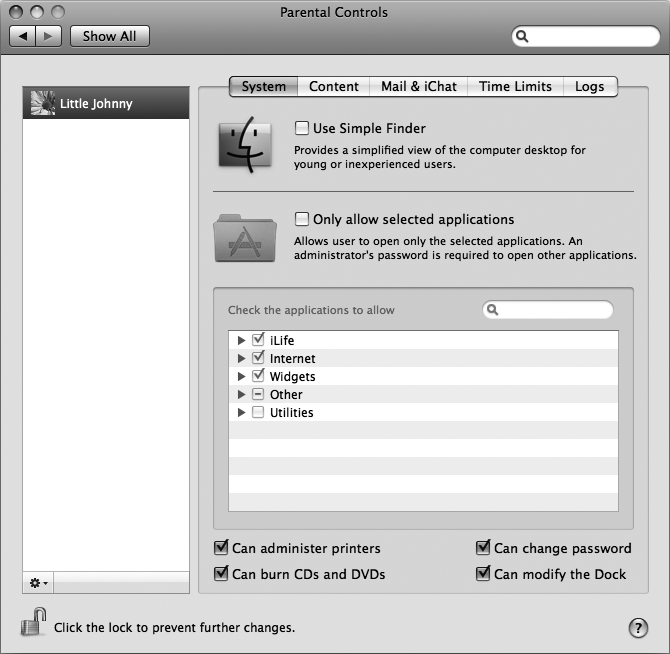 The Parental Controls System tab displays options for restricting certain types of programs.