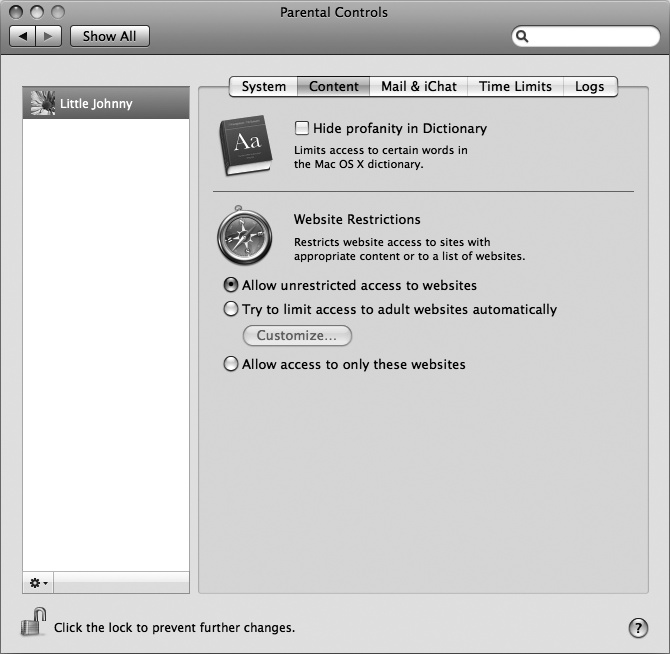 The Content tab displays options for restricting website access and dictionary content.