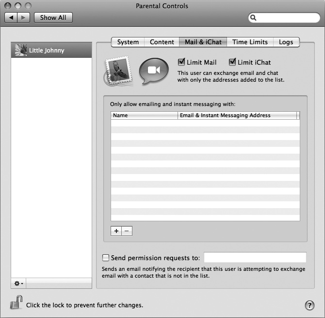 The Mail & iChat tab displays options for restricting access to the Mail program and iChat.