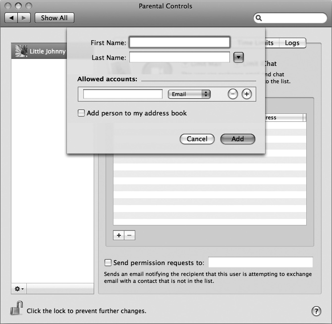 A dialog lets you type the name and email address or iChat name of an approved contact.