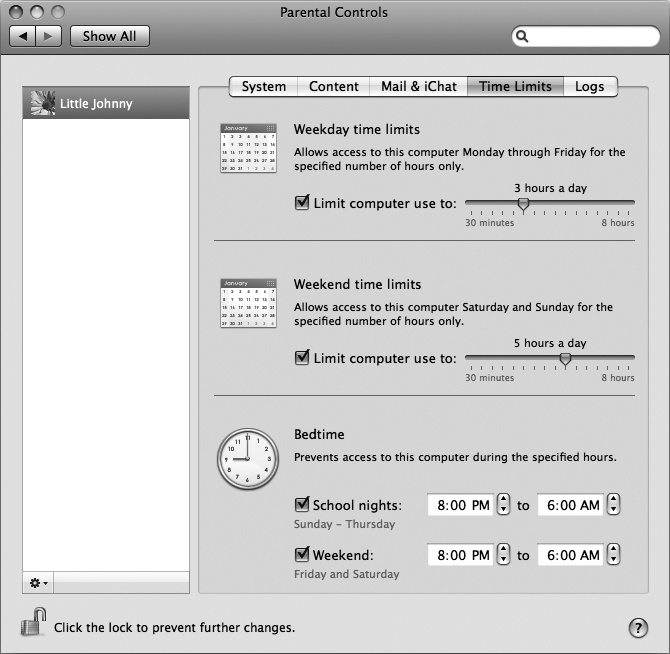 Time Limits let you restrict the amount of time or the specific times an account user can use the Macintosh.