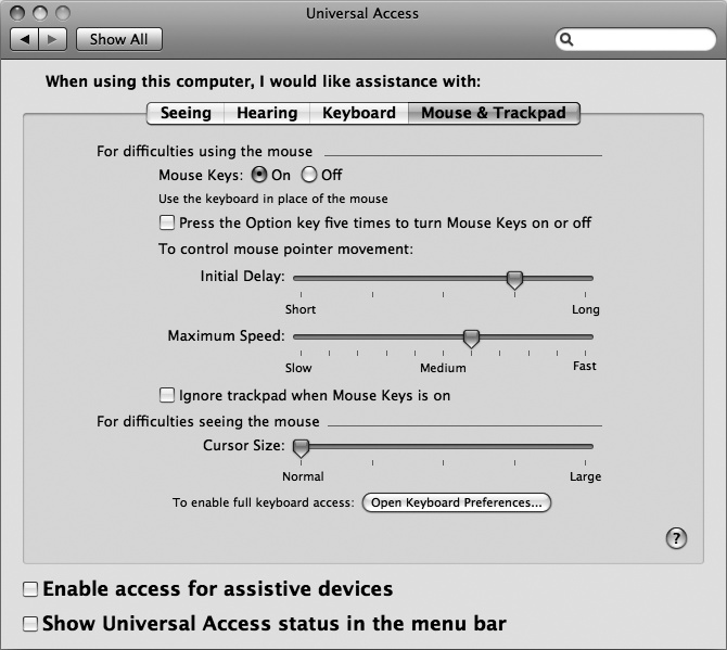 Turning on the Mouse Keys feature lets you control the pointer through the numeric keypad.