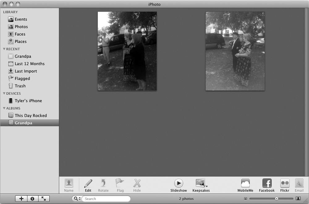 The name of your album appears in the left pane of the iPhoto window.