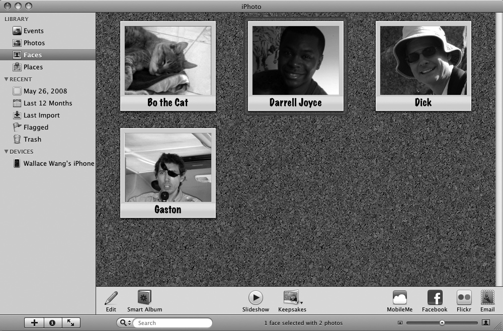 The Faces category displays pictures of faces you've identified.