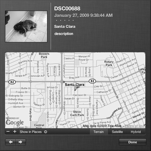 The Get Info window displays a map to identify where you captured the picture.