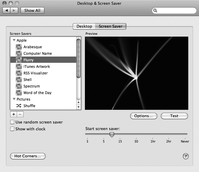 The Desktop & Screen Saver window allows you to define a time for the screensaver to start and a style in which to display your slideshow.