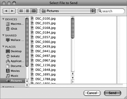 The Select File to Send dialog lets you choose one or more files to send wirelessly to another Macintosh.