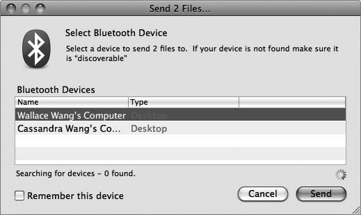 The Send dialog lets you choose a Bluetooth-capable Macintosh to receive your files.