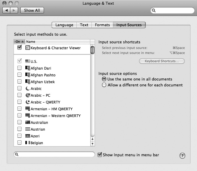 The Language & Text window lets you choose a language and lets you display the Character Viewer.