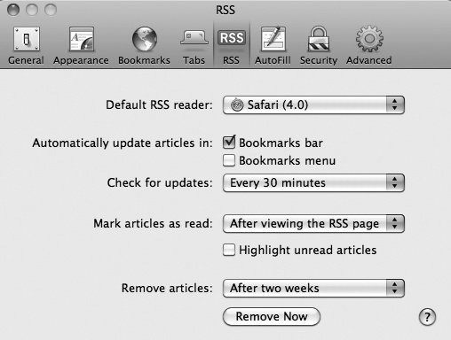 The RSS window lets you customize how Safari displays RSS feeds.