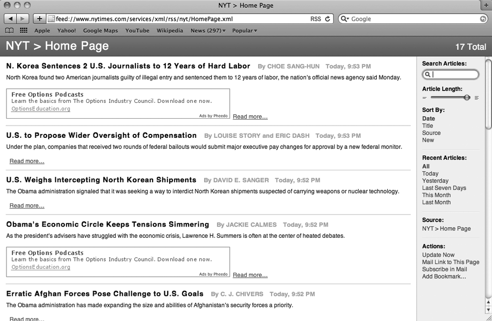 An RSS feed displays its latest information organized as articles on a web page.