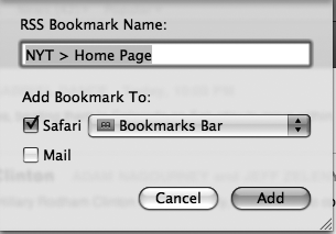 A dialog lets you choose a name for your bookmarked RSS feed.