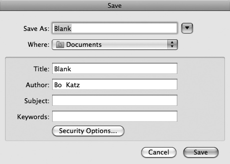 The Save dialog displays text boxes for identifying your PDF file.