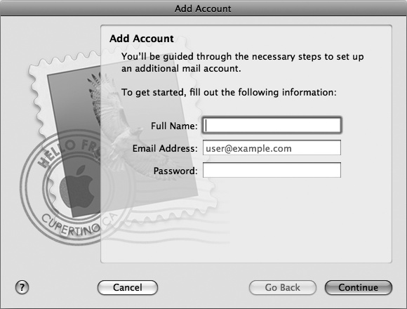 A dialog appears asking for your initial email account information.