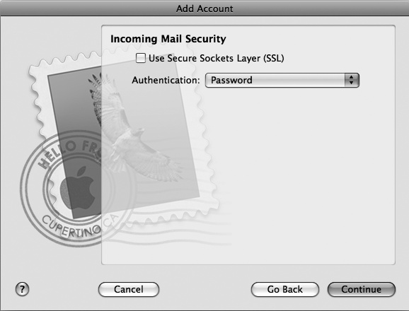 The Incoming Mail Security dialog lets you choose how to restrict access to your email account.