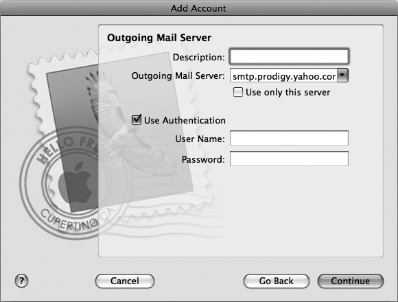 The Outgoing Mail Server dialog lets you define the name of the server that will send your messages out over the Internet.