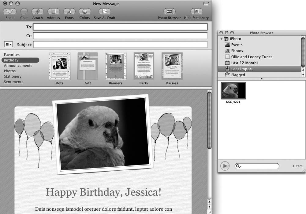 The Photo Browser window lets you retrieve pictures stored in iPhoto and add them to your stationery.