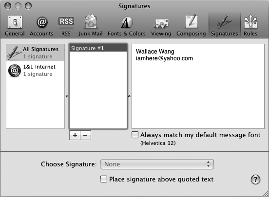 The Signatures window lets you create signatures.