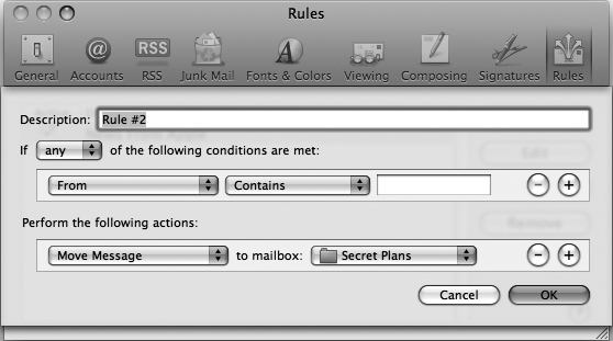 The Rules dialog displays pop-up menus and text boxes for describing the type of messages you want to route into another folder.