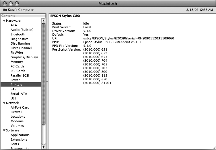 The System Profiler window can identify your current printer.