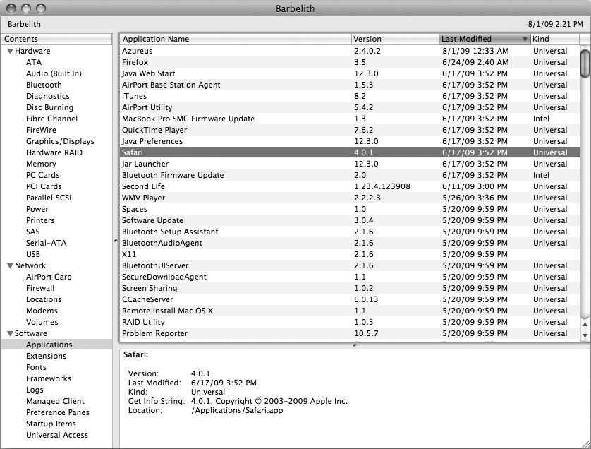 The System Profiler window can identify versions of programs installed on your Macintosh.