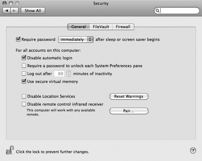 You can password protect your screensaver and sleep mode in the Security window.