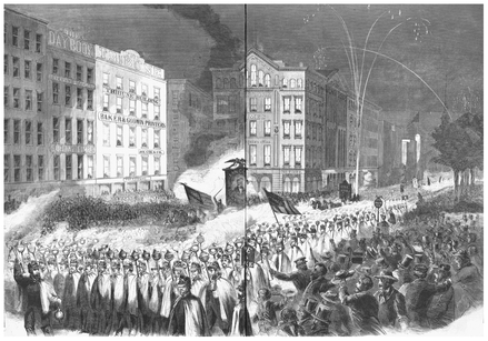 Grand procession of Wide Awakes at New York on the evening of October 3, 1860. The young men who participated in the Wide Awakes showed enthusiasm for politics and for Abraham Lincoln during the 1860 presidential campaign. Many of them volunteered for the United States Army along with fellow Wide Awakes after the fall of Fort Sumter. (Library of Congress)