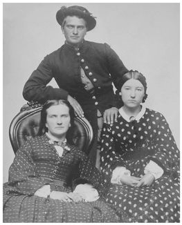 Unidentified soldier in Union uniform and two women. This picture of a soon-to-be separated family probably depicts a recruit with his mother and sister. When soldiers volunteered, they left behind families that would feel their absence and anxiously pray for their safe return. Such images, often made before soldiers left for the war, were popular ways to preserve visual reminders of absent loved ones. (Library of Congress)