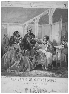 The Story of Gettysburg. Music composed for piano and respectfully dedicated to H. T. Helmbold, chemist. The cover illustration of this song in commemoration of the victorious battle at Gettysburg also illustrates how many civilians came to learn about the experience of battle. (Library of Congress)