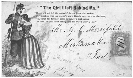 Civil War envelopes. During the war the federal mails carried a significantly increased volume of letters between civilians and soldiers. The patriotically decorated envelopes were one means by which correspondents conveyed support for the war effort. (Library of Congress)