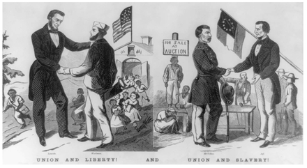 Union and liberty! And Union and slavery! During the presidential campaign of 1864, the Republicans stressed their patriotism and associated it with the virtues of free-labor society, while denying any patriotic motive to their opponents and accusing them of being willing to accept reunion with slaveholders. (Library of Congress)