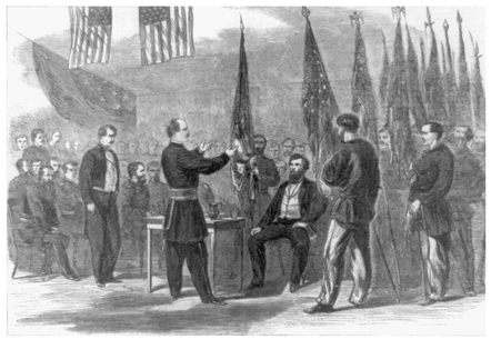 Presentation of two hundred battle-flags to Governor Fenton at Albany, New York, July 4, 1865. At the end of the war, one of the last acts of many regiments was to return their battle flags to their states’ governors along with the captured flags of the enemy. (Library of Congress)