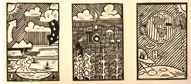 Julius Badoni (Diné), Tó éí ííná (Water Is Life), 2011, lino-cut, edition of 30.