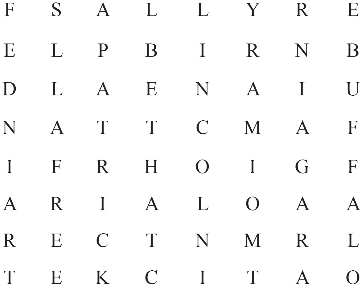 A grid of letters. They're listed in the table below.