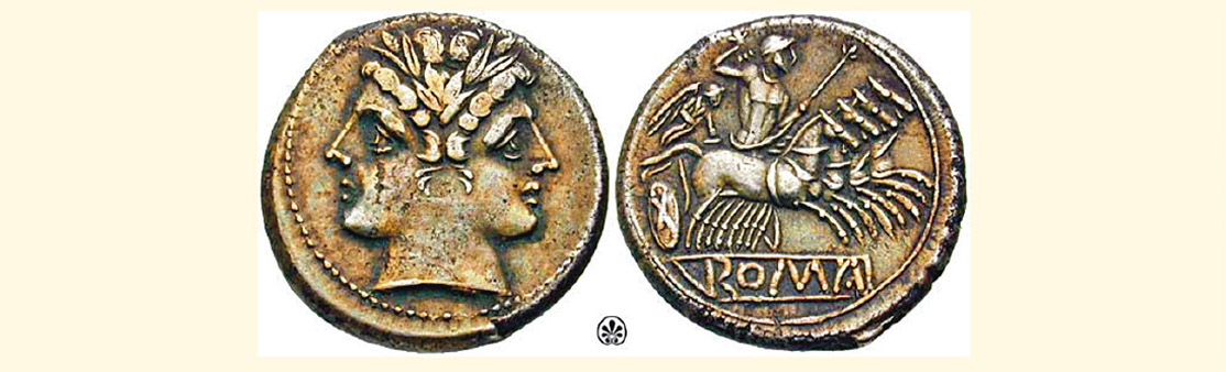  Both sides of a Roman coin (circa 225-212 BC)