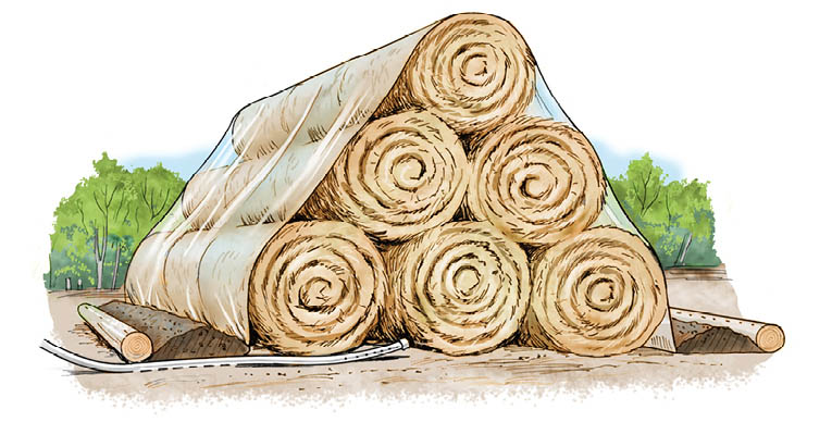 An illustration of a pyramid stack of straw bales covered with plasic.