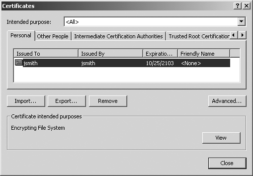 Exporting the EFS certificate and private key for user jsmith