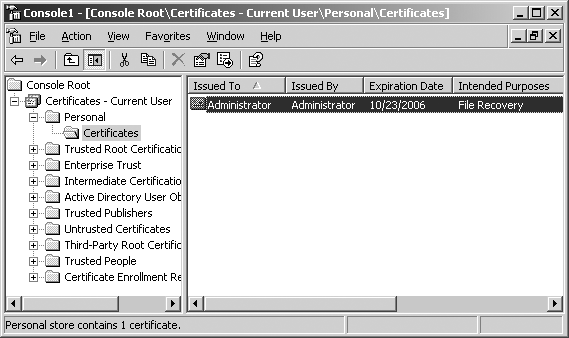 Using the Certificates snap-in to back up a recovery agent key