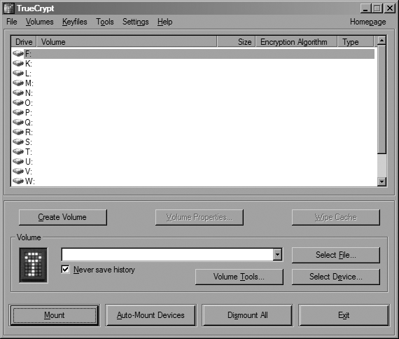 TrueCrypt’s main window